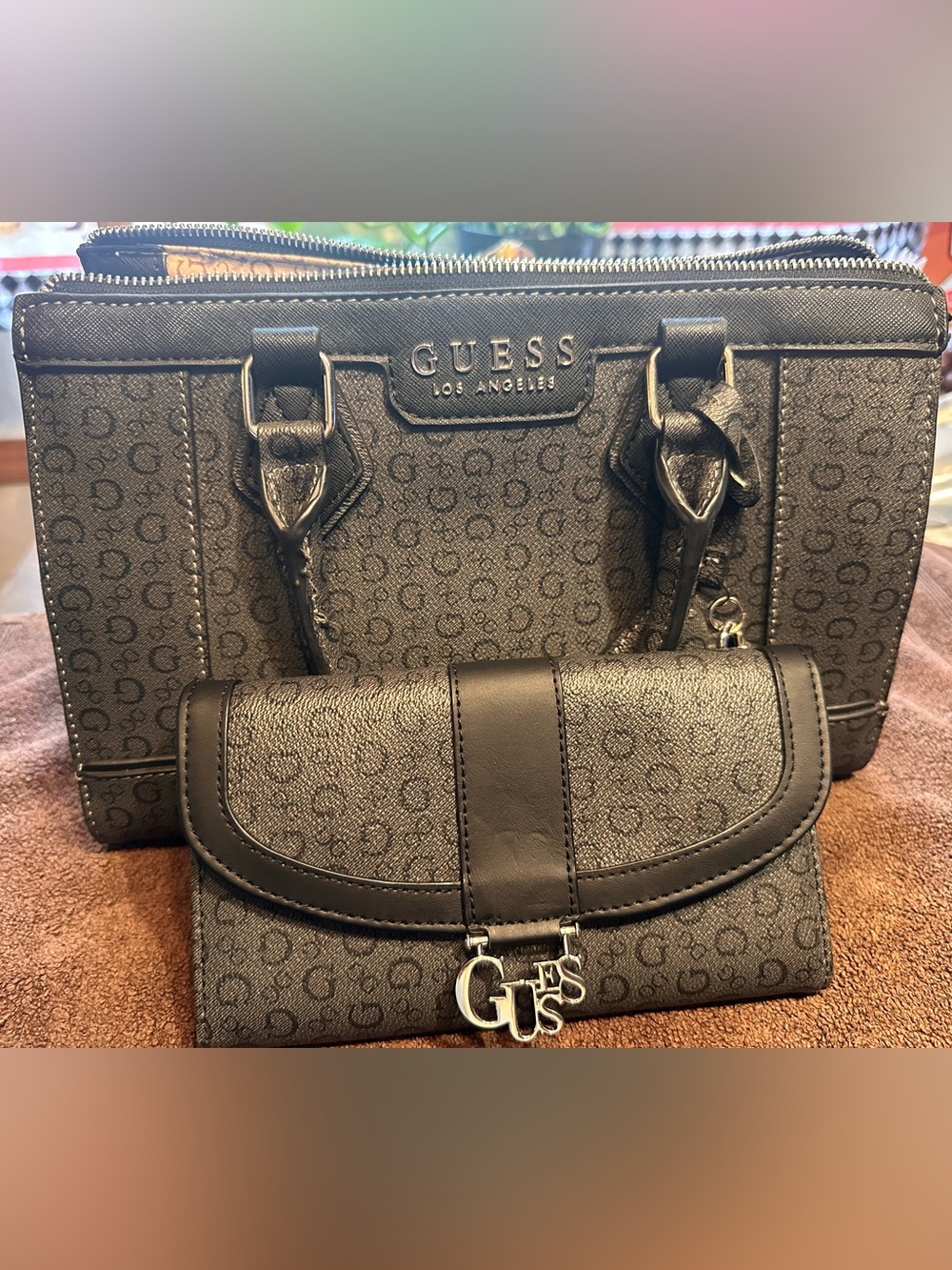 NEW.GUESS Black Monogram Tote with Matching Wallet Set